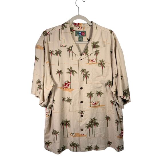 Hilo Hattie 100% Silk Hawaiian Shirt Christmas Santa Palm Trees Mens Large - Picture 1 of 6